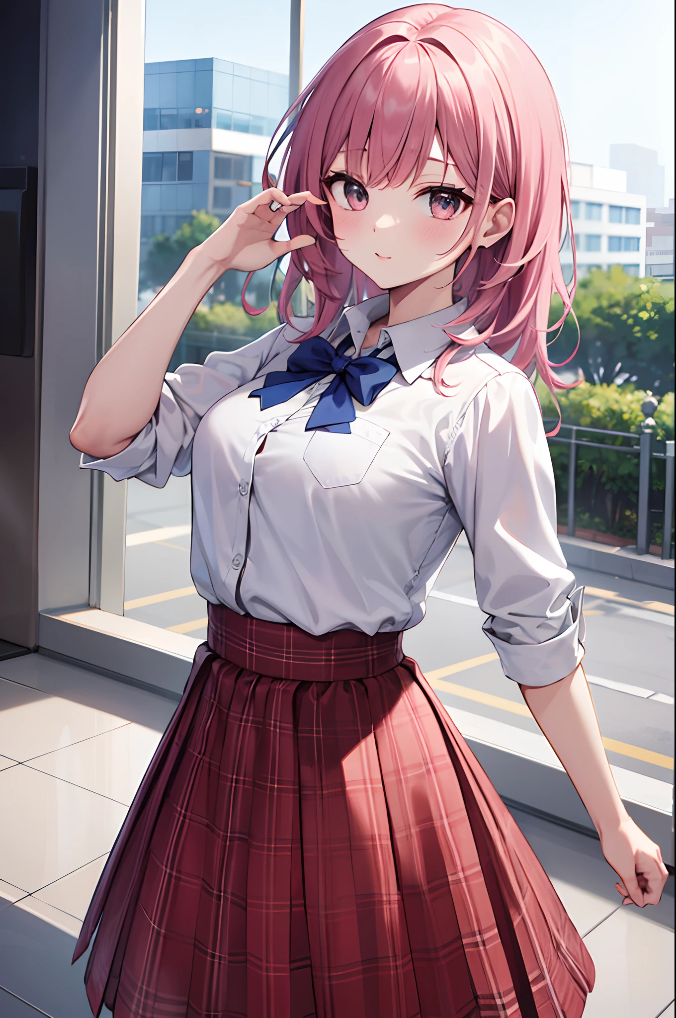 1idol, pink hair, gold eyes, wearing pink checkered skirt, plaine white button up shirt with pink bow , absurdres, high res, ultrasharp, 8K, masterpiece