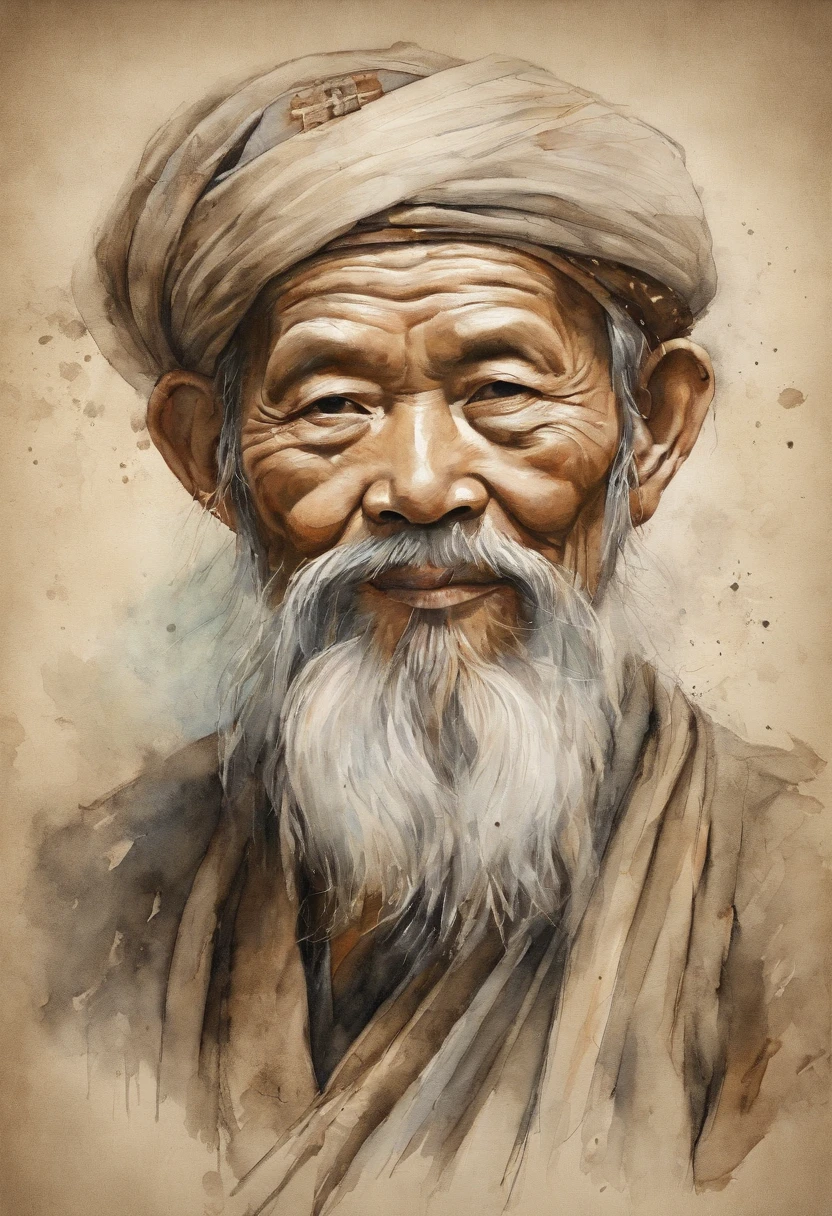 Portrait of Lao Tzu, a Chinese philosopher with a big beard, Corrosion in dry areas, highly detaild, hatching, A hyper-realistic, Aquatint, line drawing, 真实感, Slabs, Washi, trending on Artstation, foco nítido, studio photography, intriciate detail, highly detaild,