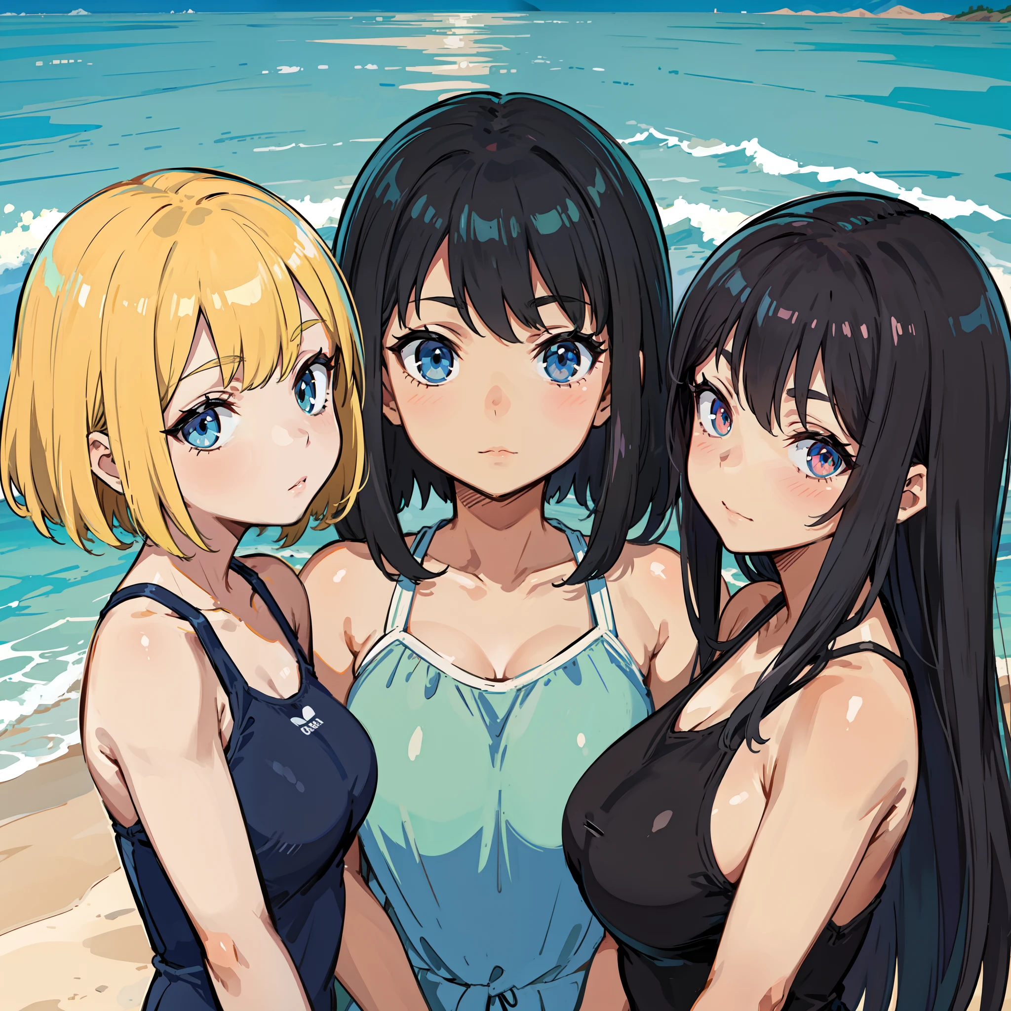 独奏, handsome, 
1. Female,
hime cut,Straight Hair,short Hair, 
black hair, 
nakano yotsuba,
brown Eyes,Soft look,beautiful,beautiful,sexly,Darkness,
smile,skin, TİTS ,Big Tits,
White bikini bathing suit,
Ocean background,