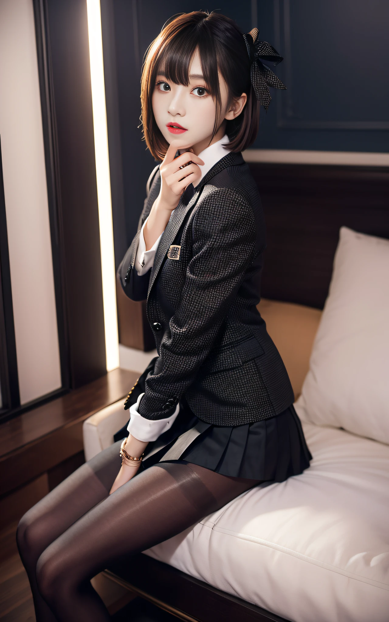 Charming beauties、Suit jacket、Black pleated skirt、beauty legs、Dyed in darkness、lacy fabric、Brainwashing makeup、brainwashed、thighband pantyhose、Hollow eyes