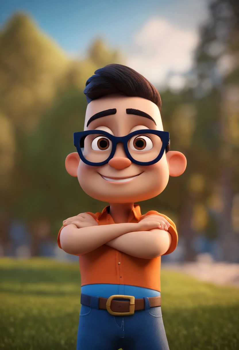 Cartoon character of a man wearing black glasses and a blue shirt, um personagem animado, Caractere estilizado, animation style rendering, 3D estilizado, Arnold Maya render, 3 d render stylized, toon render keyshot, Personagem 3D, Personagem 3D, 3d rendering stylized, 3 d character render, personagem de desenho animado, Personagem de close up, Pose de personagem, (Estilo Pixar) (master part:1.2) (Bokeh) (best quality) (pele detalhada) (textura detalhada) (8k) (argila) (Cinematic lighting) (foco nítido,Senta e vaza a parte superior do corpo