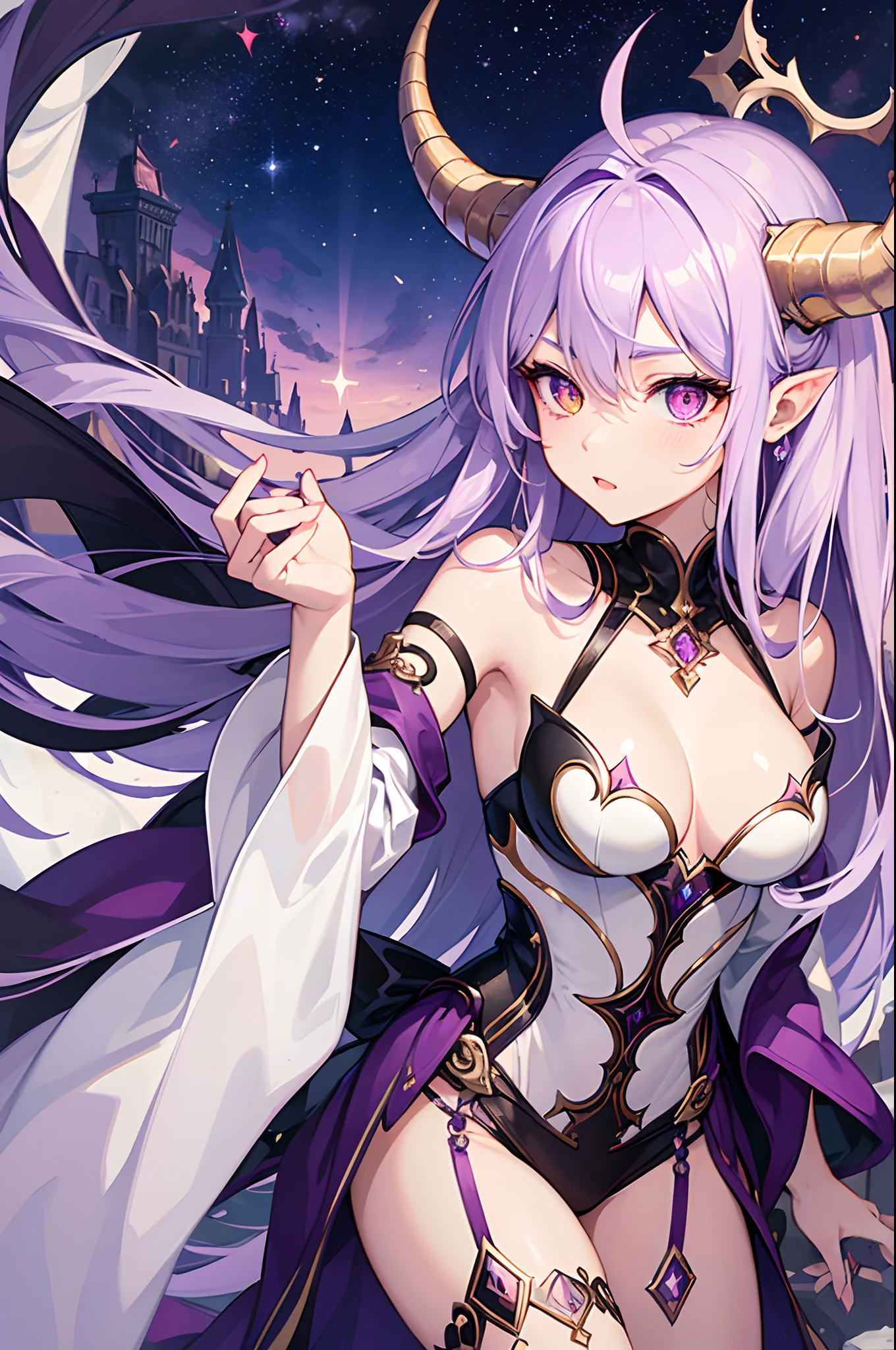 (masterpiece), best quality, kind, dragon woman, late 20s, feminine, heterochromatic eyes, curved horns, long pastel purple hair, starry night, modern clothing, himedere