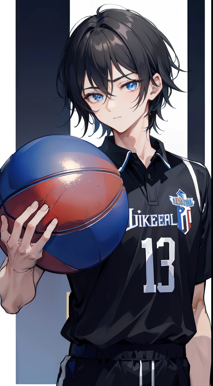((masterpiece, best quality, more detail)), ((1man)), a man 22 years old with pitch black hair with bright blue eyes wearing a sports uniform is standing at the basketball hall with holding ball