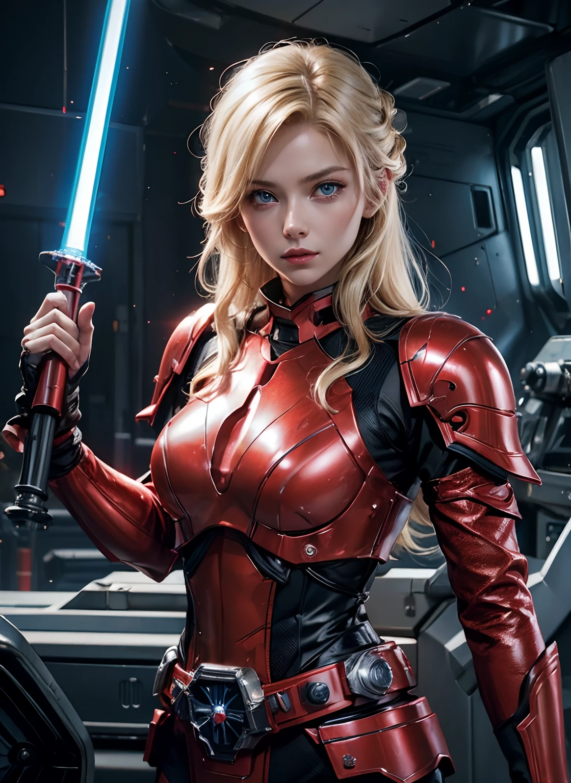 A beautiful woman with a light saber. Blonde hair and blue eyes. He wears red metallic combat uniform. There is something on the waist that reminds me of the Kamen Rider transformation belt. She's inside a spaceship. 8K image quality. A masterpiece.