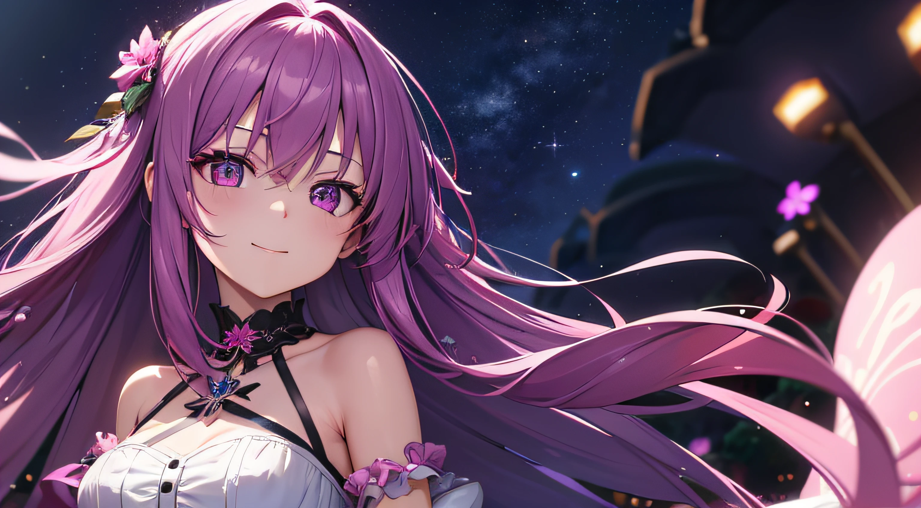 1girl, long violet hair, pink eyes, wearing dress, flores, lightmoon, night, absurdres, high res, ultrasharp, 8K, masterpiece, looking at viewer, happy face
