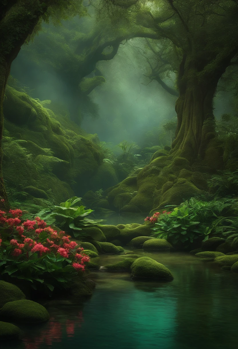 Duas princess's Disney numa floresta com muitas plantas verdes e azuis