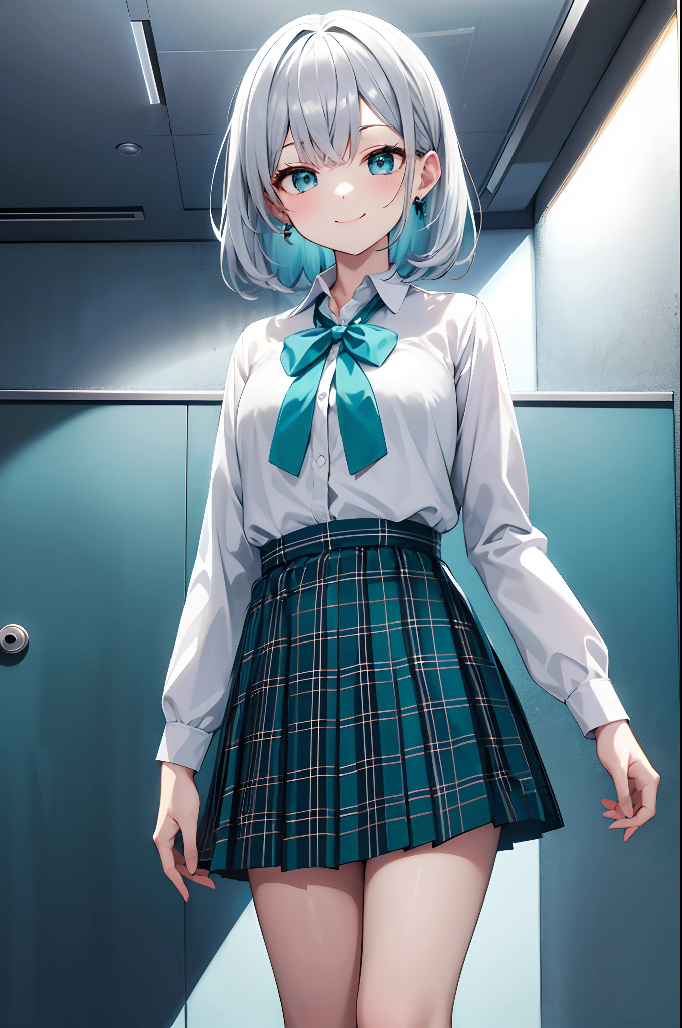 1idol, silver hair, teal eyes, wearing teal checkered skirt, plaine white button up shirt with teal bow , smiling , absurdres, high res, ultrasharp, 8K, masterpiece