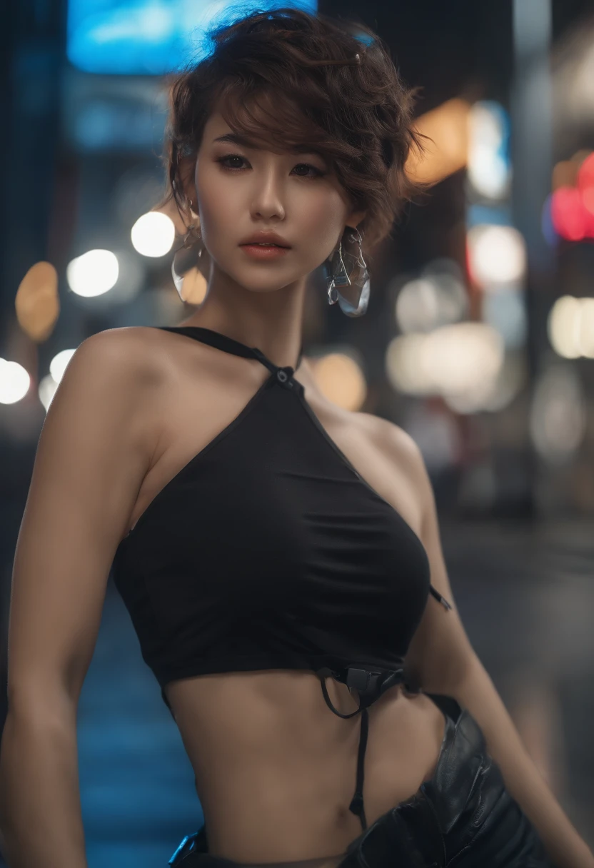 (8k, Foto RAW, master part:1.3), (Realistic, photo-realistic:1.37), (Noite), (Olhando para o Viewer:1.331), (cabelos brancos), Posando, Tokyo street, Paisagem noturna da cidade, CIDADE CYBERPUNK, luz suave, 1girl, rosto extremamente bonito, busto, put down hands, Hairstyle Random, random expression, olhos grandes, lower abdomen, (de manga curta .JK_camisa), JK_Estilo, (azul escuro JK_saia), (arco JK_amarrar), mistura4., best quality