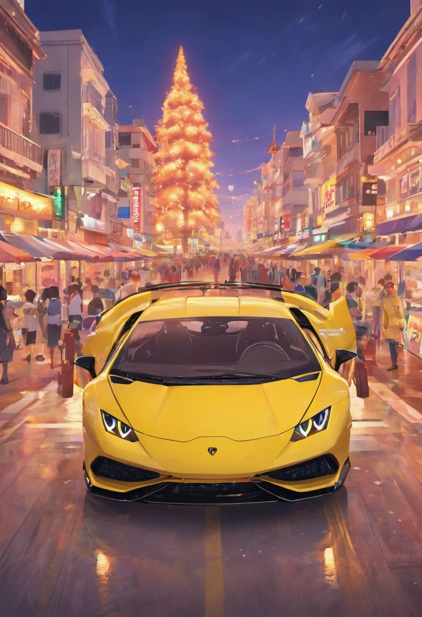 3d high-quality artistic  graphic design  of a Lamborghini Huracan  2023 , colorful, highly detailed clean, vector image, photorealistic masterpiece, professional photography, realistic car, amazing vector colour Miami city colourful sunset background with palm trees, colourful artistic  background, isometric, bright vector , 8k