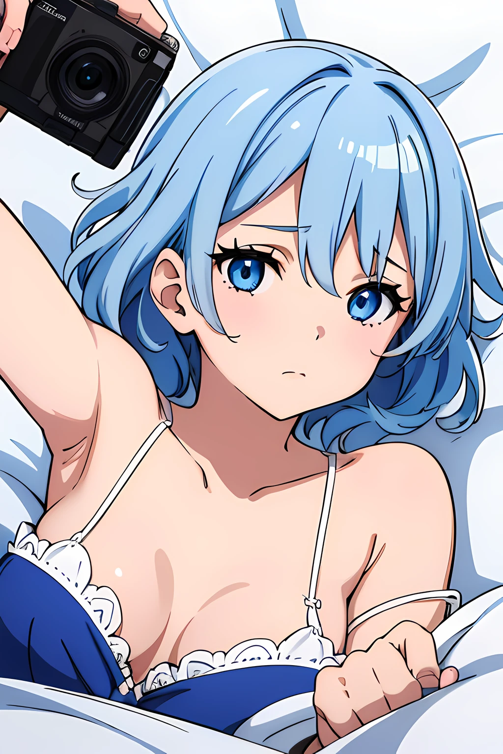 (1girl in),(beautiful eyes finely detailed, Face to detail, multi colored hair (white and blue)), furina, wearing pajamas, lying down her back in bed, horny and shy facial expression, looking at viewers, camera angle from front, full body, masterpiece sidelighting, masterpiece, top-quality, detailed, High resolution illustration