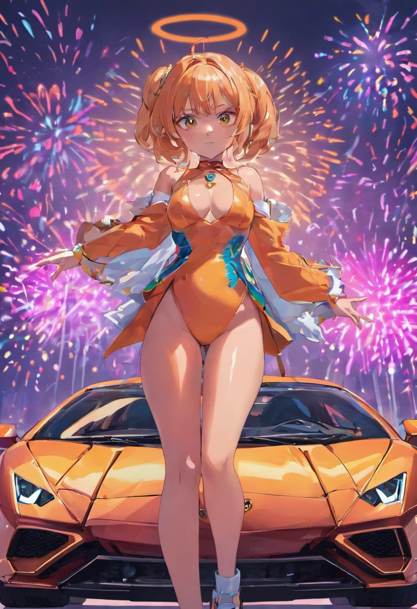 3d high-quality artistic graphic design of a Lamborghini Huracan STO 2023 , colorful, highly detailed clean, vector image, photorealistic masterpiece, professional photography, realistic car, amazing vector colour Miami city colourful sunset background with palm trees, colourful artistic background, isometric, bright vector , 8k