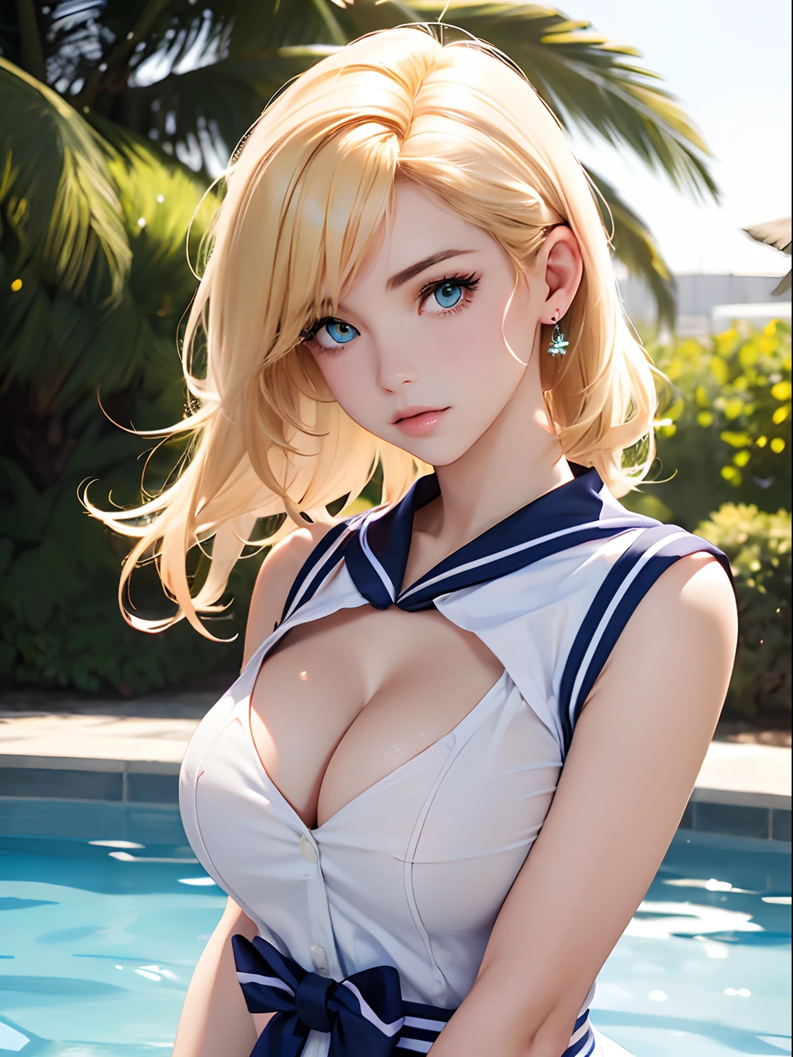 close up of upper body, (large breasts), (cleavage), ((Smooth texture, Realistic texture, Photorealistic)), (Detailed beautiful eyes, Beautiful eyelashes, emerald eyes), blonde medium hair, extremely detailed CG unified 8k wallpaper, very fine 8KCG wallpaper, (masterpiece, Best Quality), High resolution, Ultra-detailed, ultra-sharp, 1 woman, at poolside, ((( shee rwhite sailor shirt, Sleeveless, Open front))), (Beautiful face, Cute face, Detailed face), (((Sunny))), Perfect Eyes Eyes