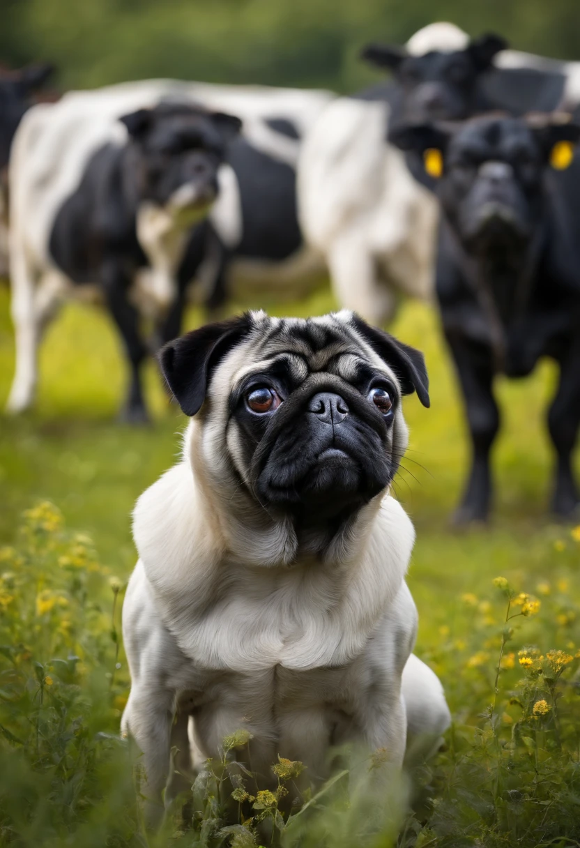 A black and white pug dog stands in front of a bunch of cows