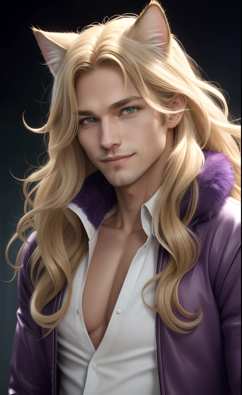 Purple fur lined jacket, one male, cat ears, long hair, blond, blond hair, green eyes, tall, muscular, white shirt, beautiful face, highest quality, masterpiece, 2d, anime, perfect face, highest detail, feline eyes, stubble, cat tail, wavy hair, cowboy shot, detailed face, intricate details, smile,