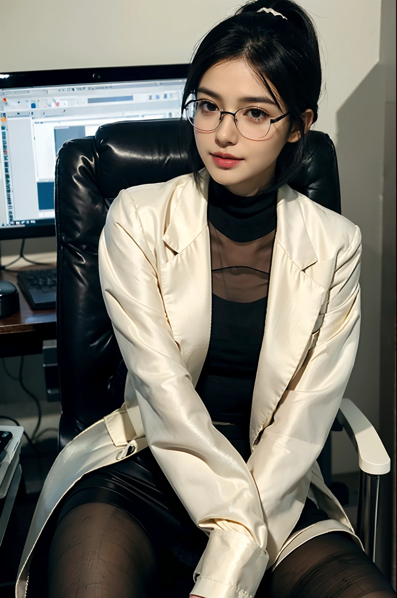 ((Small underboob)), (shoulder-length straight short hair: 1.1),(black hair:1.5),Upper body, （Extremely meticulous CG 8k wallpaper），（Extremely refined and beautiful），（Masterpiece），（best qualtiy：1.0），（Ultra High Resolution：1.0），beautiful light up，Perfect lightning，realistic shaded，[A high resolution]，Smooth and flawless fair skin，Extremely exquisite facial details，（perfect body：1.1），ultra - detailed,A beautiful girl，small head,(Small breasts:1.1)，Flat chests，slim，thin，Smile，cheerfulness,(doctor's white coat:1.5),(see through black fullbody pantyhose:1.4),autumn,Morning,A female doctor,(short ponytail:1.1),wearing glasses,Medical mask,In a dilapidated hospital，In the office,(Sitting in a chair next to the computer:1.5),Close Shot,cowboy shot,Portrait above chest level