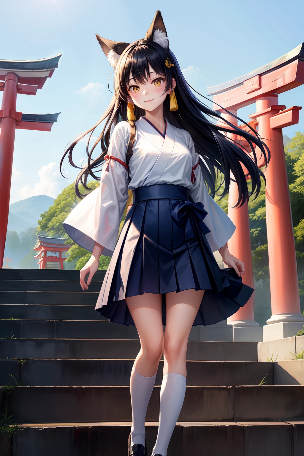 hight resolution, top-quality,  ultra-quality, The ultra-detailliert, lighting like a movie、Azure and white hakama、Fox-eared girl、Slender Line、A smile、One red torii gate in the background、Stand on the steps of the shrine、Long Black Hair、Yellow eyes、Fox tail、Navy blue miniskirt、White High Socks、Wearing clogs、Yellow lumbar girdle、