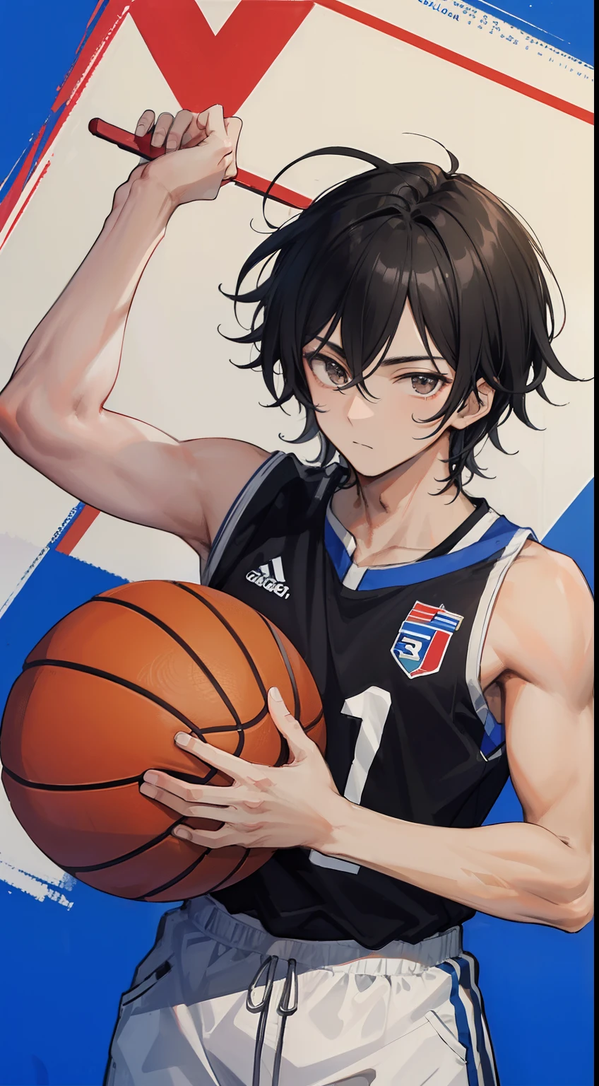 ((masterpiece, best quality, more detail)), ((1man)), a man 22 years old with messy, black hair wearing a sports uniform is standing at the basketball hall with holding ball