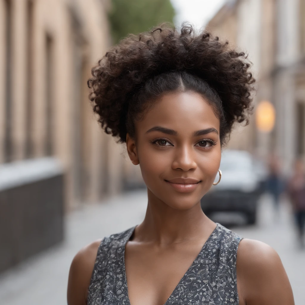 1 black woman, realistic photo, detailed face, empty street, very high detail, curly hair, depth of field, black hair, , full body, pubic hair, smiling.