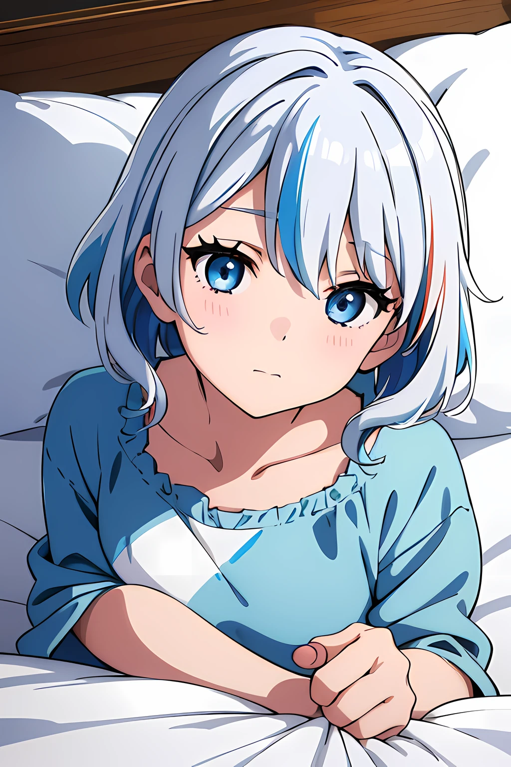 (1girl in),(beautiful eyes finely detailed, Face to detail, multi colored hair (white and blue)), furina, wearing pajamas, lying down her back in bed, horny and shy facial expression, looking at viewers, camera angle from front, full body, masterpiece sidelighting, ​masterpiece, top-quality, detailed, High resolution illustration