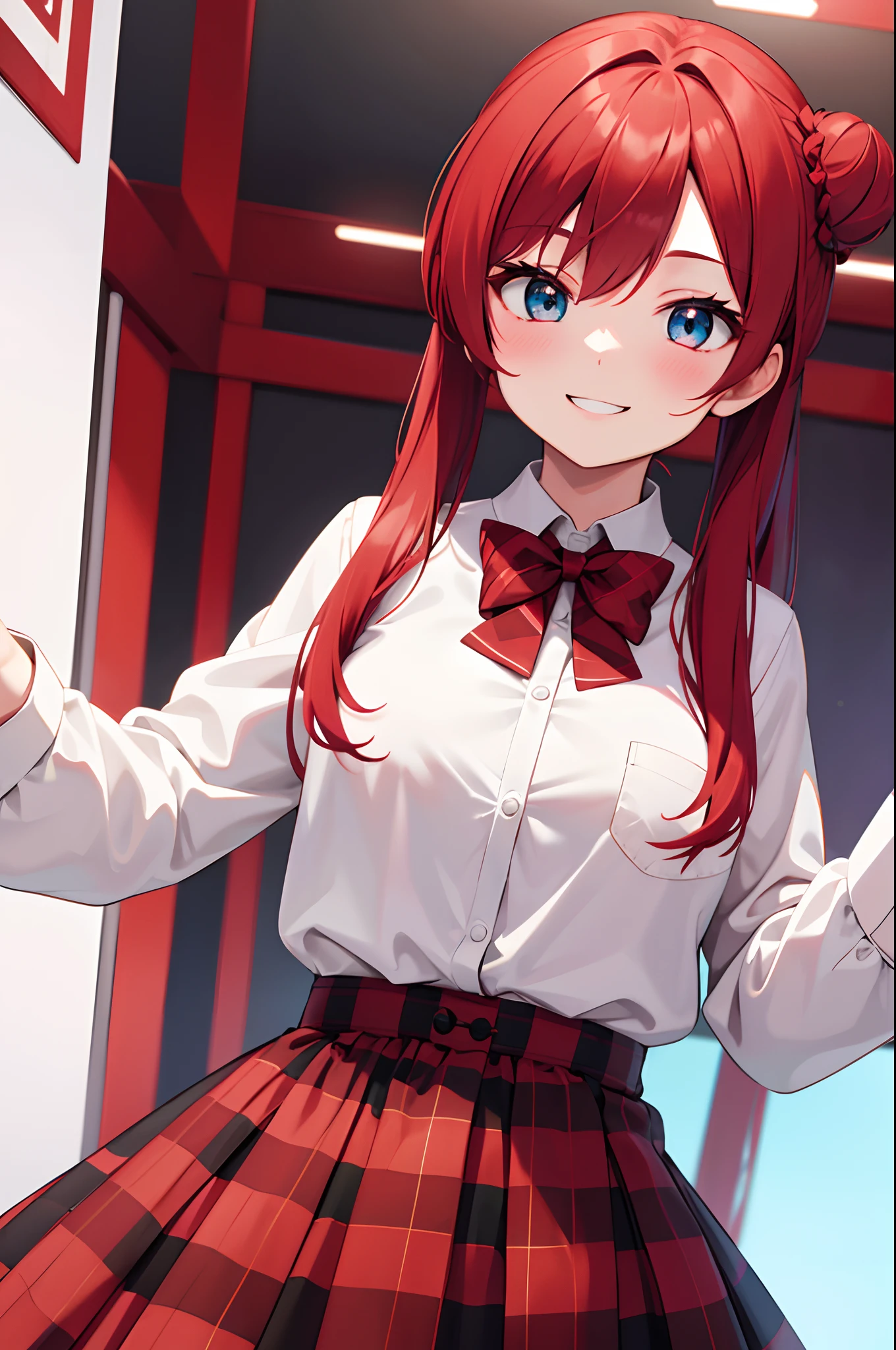 1idol, crimson hair, bun, turquoise eyes, wearing crimson checkered skirt, plaine white button up shirt with crimson bow , smiling , absurdres, high res, ultrasharp, 8K, masterpiece