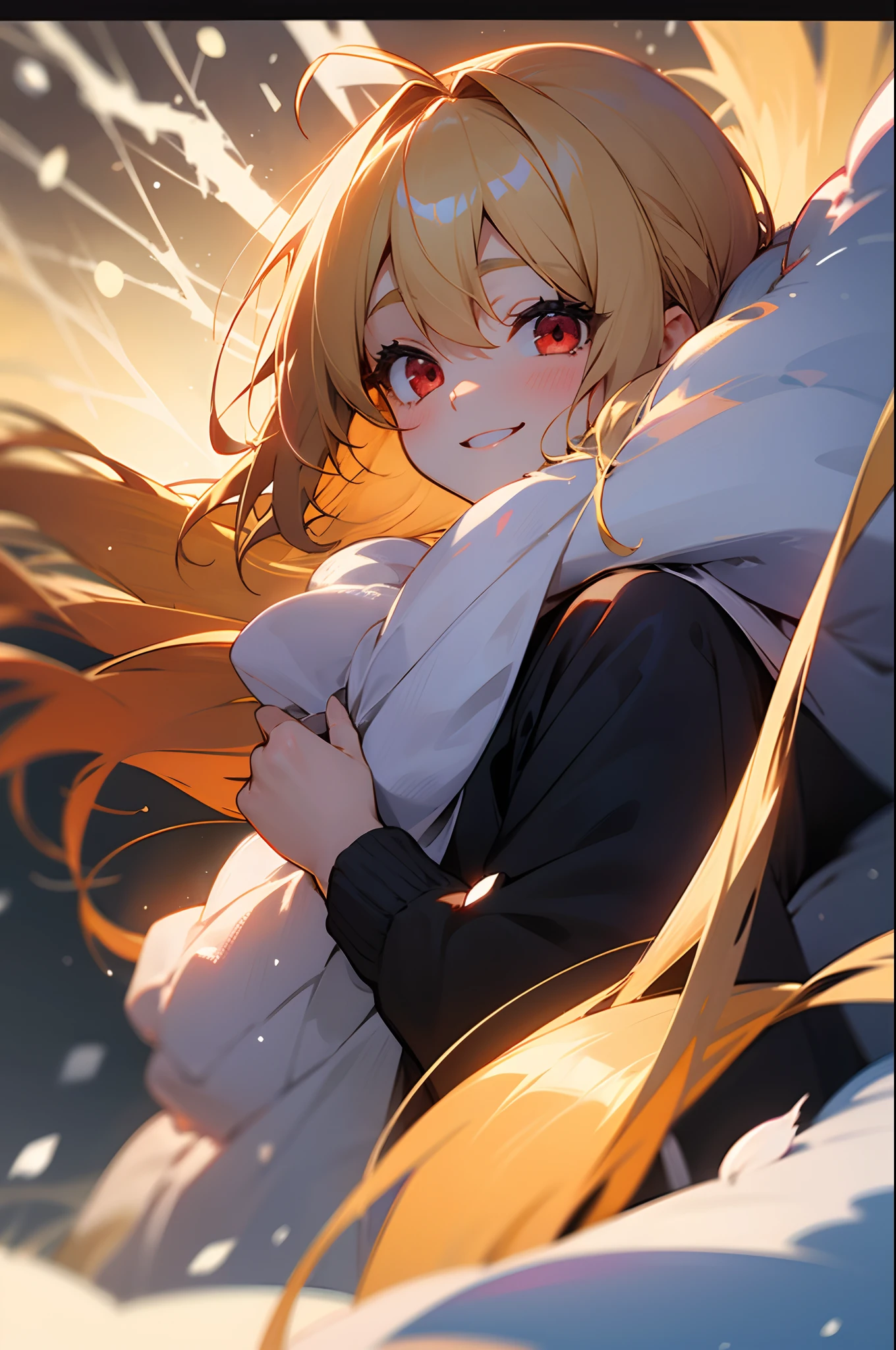 1girl in、Golden hair、poneyTail、Ahoge、big round red eyes、smil、Laugh、Winters、snowflakes falling