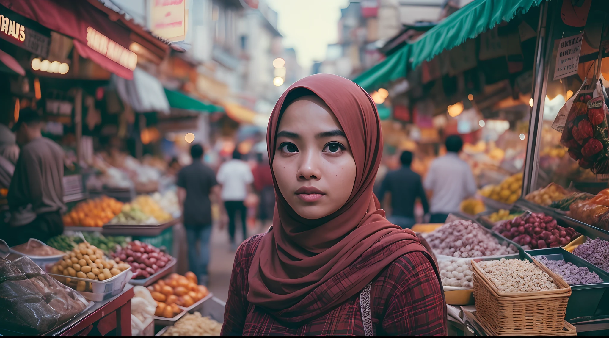 Generate a film still of a Malay girl (siti nurhaliza) in hijab wandering through a vibrant and bustling market. Utilize a wide-angle lens to emphasize the colorful chaos of the scene, with selective focus on the girl, desaturated color grading, cinemascope, high quality, photo taken using Panavision DXL2 camera,