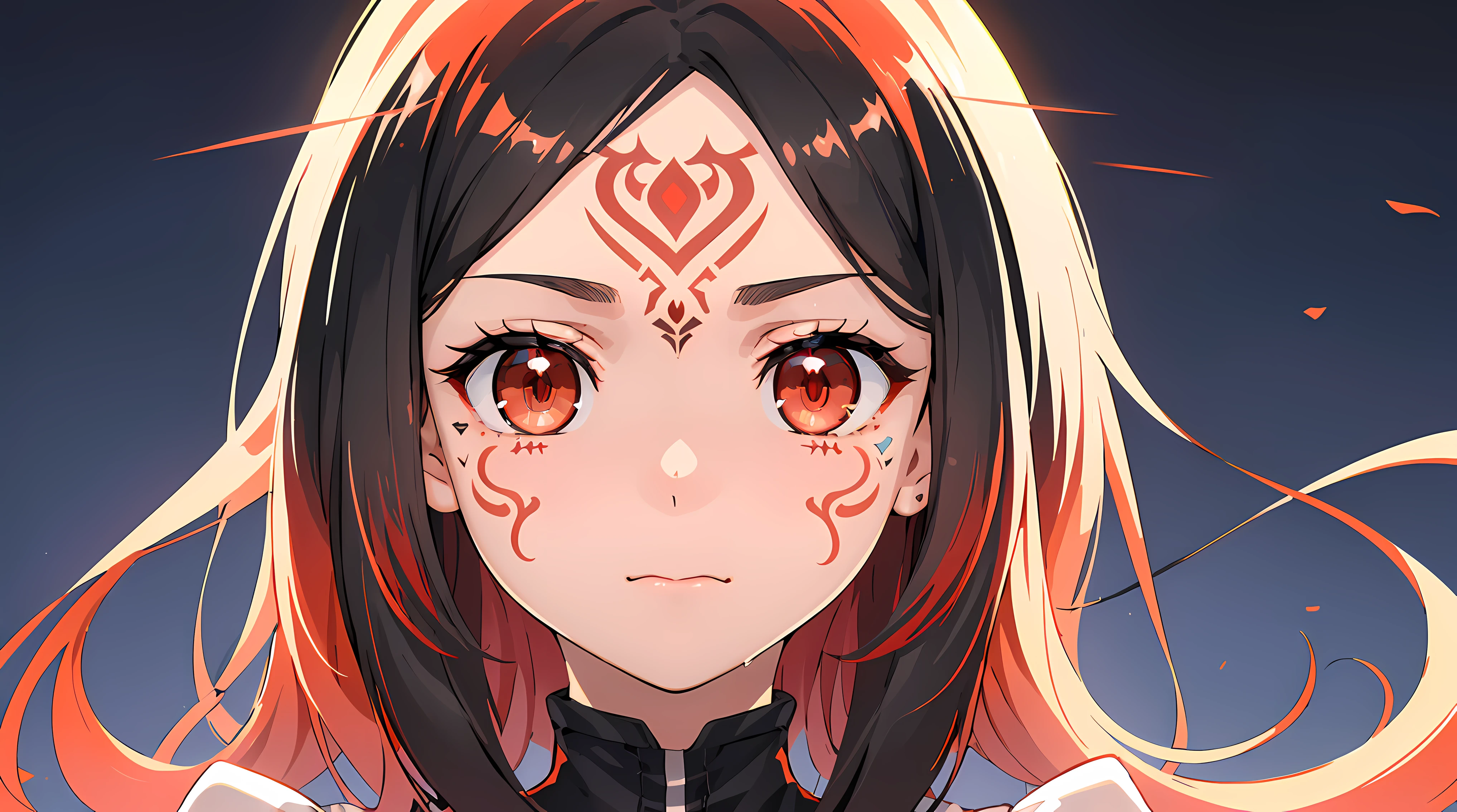 {{{Best quality}}}, {{{Super detail}}}, {{Unity 8k wallpaper}}, {{High resolution}}, {{Illustration}}, (Photoreal:1.4), (Masterpiece, cinematic light, Exquisite Eyes: 1.5), (Glowing Eyes: 1.2), {Exquisitely Crafted Glow, red Lens Flare}, {{Details}},{{ Girl 1.5}}}, ((Beautiful :1.5))1 girl, ((((face only:1.8)))),((gradient eyes:1.6)),(Beautiful detailed face:1.2), (cute face:1.2), (clear face:1.3),((shining tattoo on face:1.6)),(((((close to viewer:1.8))))),(((face focus:1.5))),(front view:1.5),(contrapposto:1.5),,round face, ((tareme:1.5)), pretty face, (Red and black gradient hair:1.5 ), (red eyes:1.5),(black business suit:1.3), cleavage,(medium breasts:1.2),(depth of field),,High detailed ,perfect