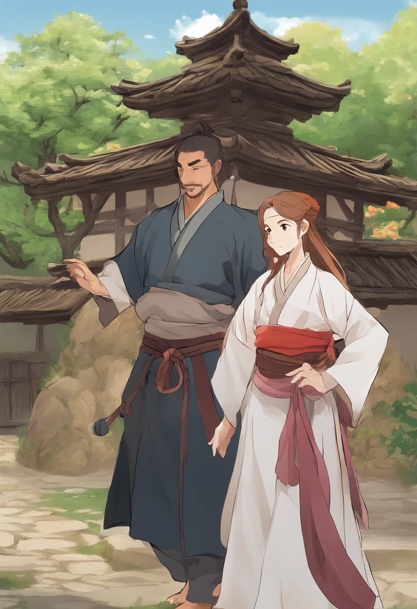Outside the round window is the background of the Joseon Dynasty with thatched houses and hanoks, and inside the window is a family home in an apartment in the city. The woman with the black man on her back has long hair and tries to get out through the round window. Make it feel like a martial arts site