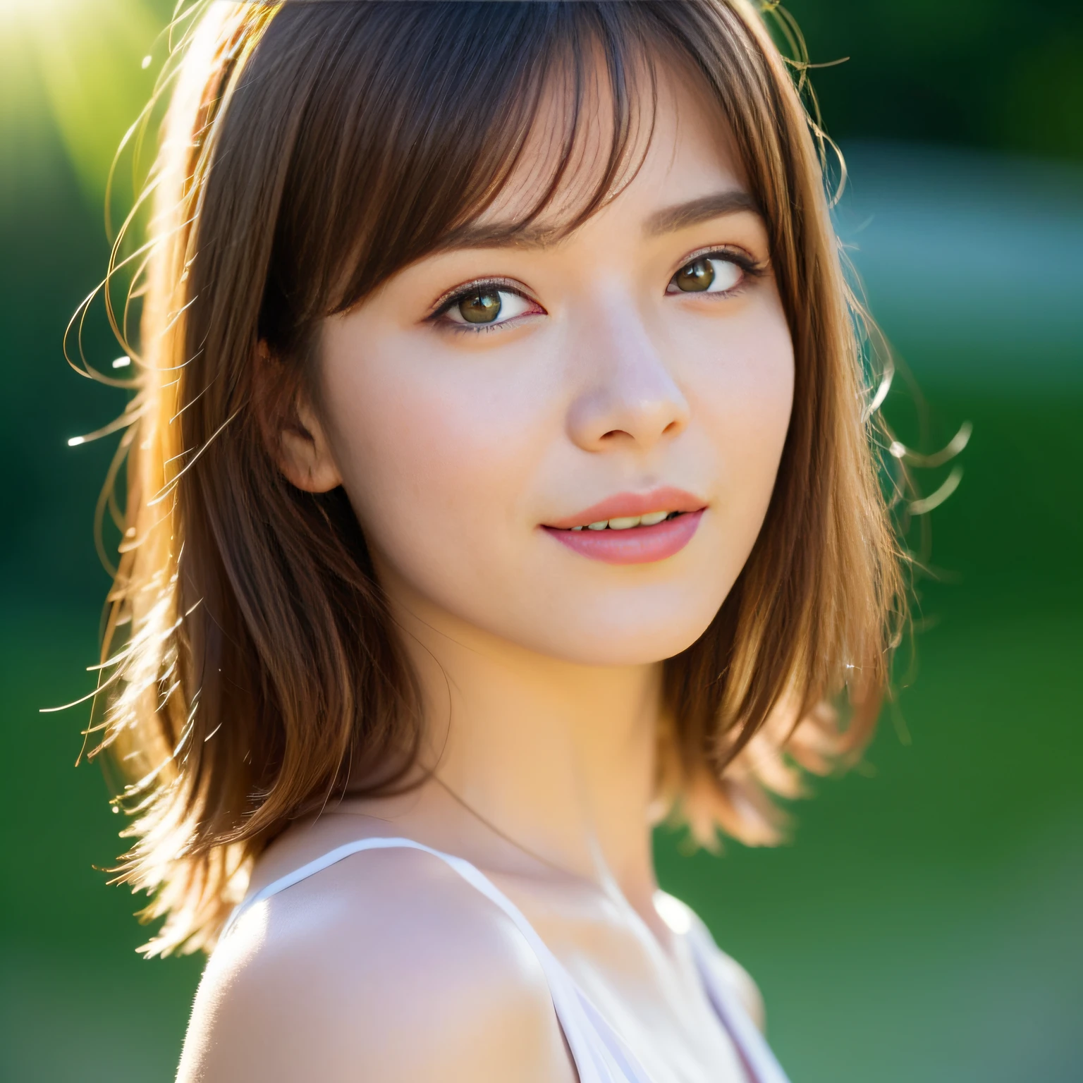  Brown-haired woman 30 years old、unclean、Lens flare、(8K、born、professional、highest quality、masterpiece:1.2)、(realistic、Photoreal:1.37)、super detailed、(best detailed skins:1.2)、(Supreme Detail Face:1.2)、movie lighting、1 female、Japanese、Short-cut brown hair、(the wind is strong)、warm white light、shy smile、Photographed from the front、((highest quality、8K、masterpiece:1.3))、beautiful woman with perfect figure:1.4、、((dark brown hair、big breasts:1.2))、Highly detailed face and skin texture、detailed eye、double eyelid、big breasts、gender　Wearing a plain white round neck T-shirt　Tokyo city　whole photo　Cafe