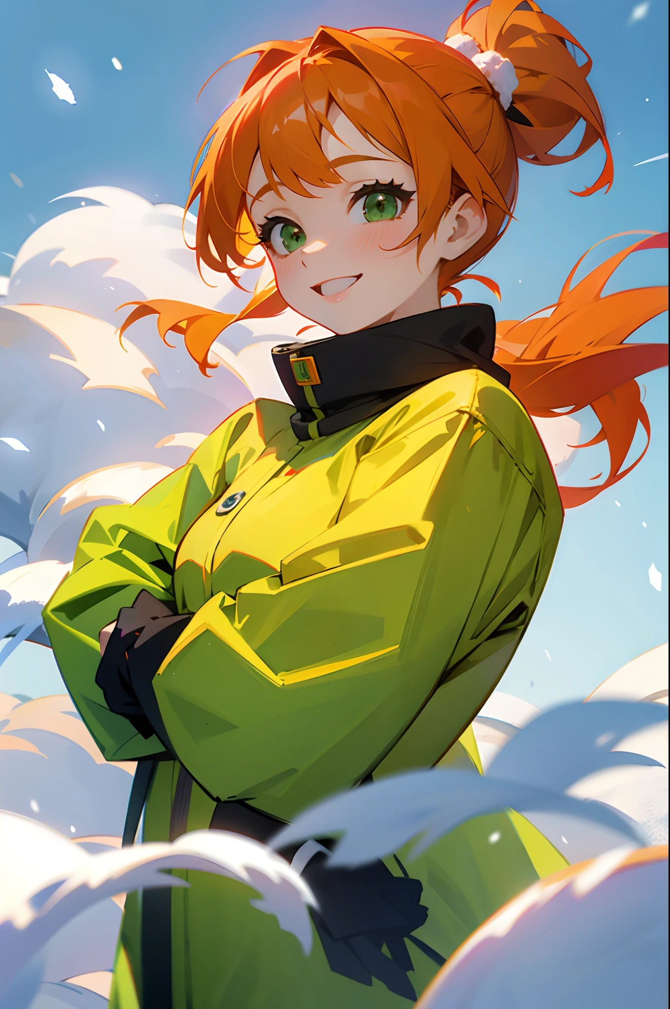 1girl in、Orange hair、Side Ponytail、large round green eyes、smil、Laugh、Winters、snowflakes falling