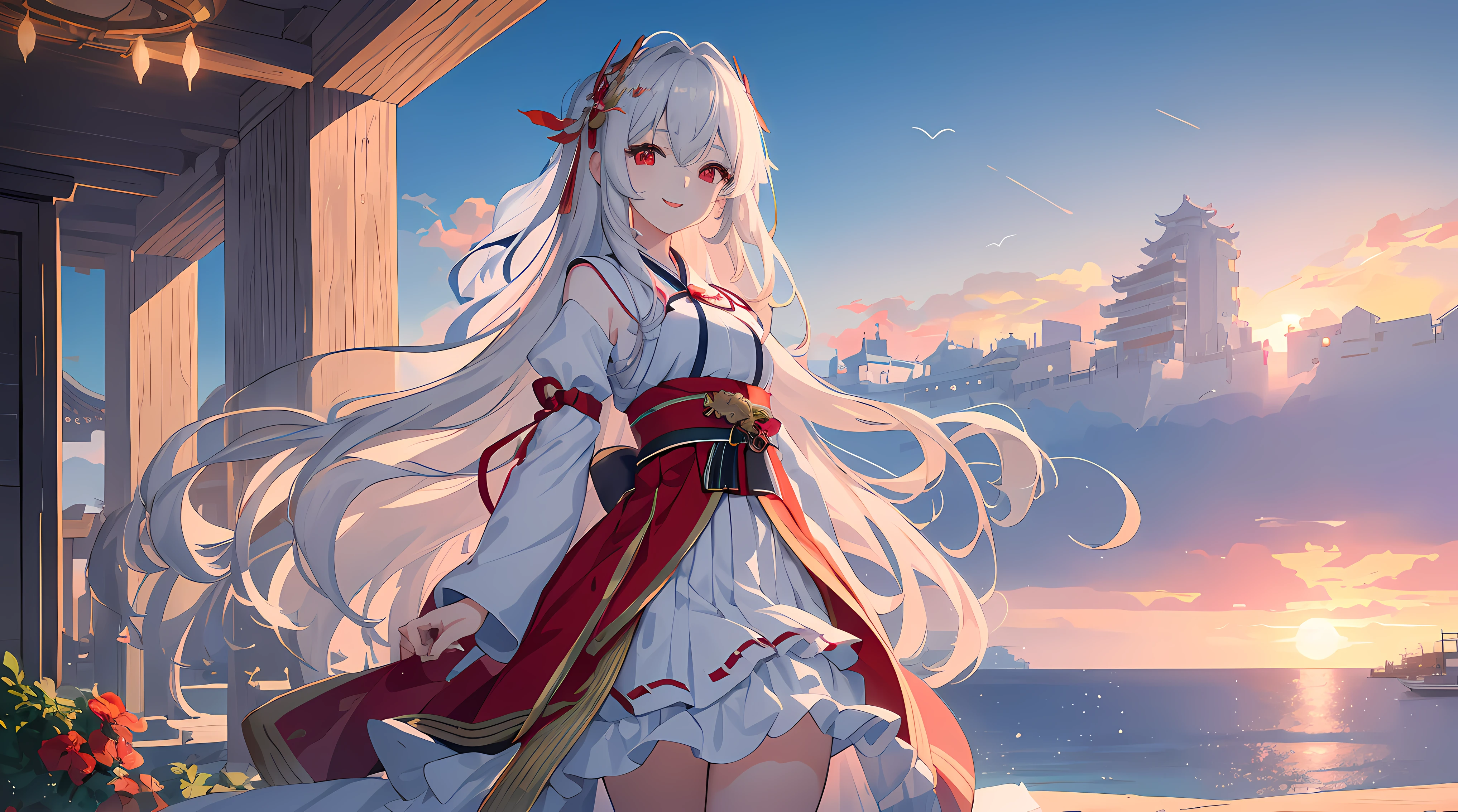 Official Art, ​masterpiece, Sharp focus, (Beautiful gorgeous cute Korean girl:1.3), (Pretty cute Korean girl:1.3), Korean  beauty, Delicate and beautiful hair and eyes and face, Realistis, A highly detailed, beautiful a girl, blue-sky, (side lights:1.2), sun light, White Clouds, Delicate clouds, thin, Tooth smile, ((Smile with eyes, Open your eyes)), landscapes, Long straight hair , sexy facial expression, Buildings, Dynamic Hair, Long straight hair, Detailed gray hair, glowing red eyes, 比基尼, pale-skin, Hair ornaments, epic landscapes ,(seaside:1.2)