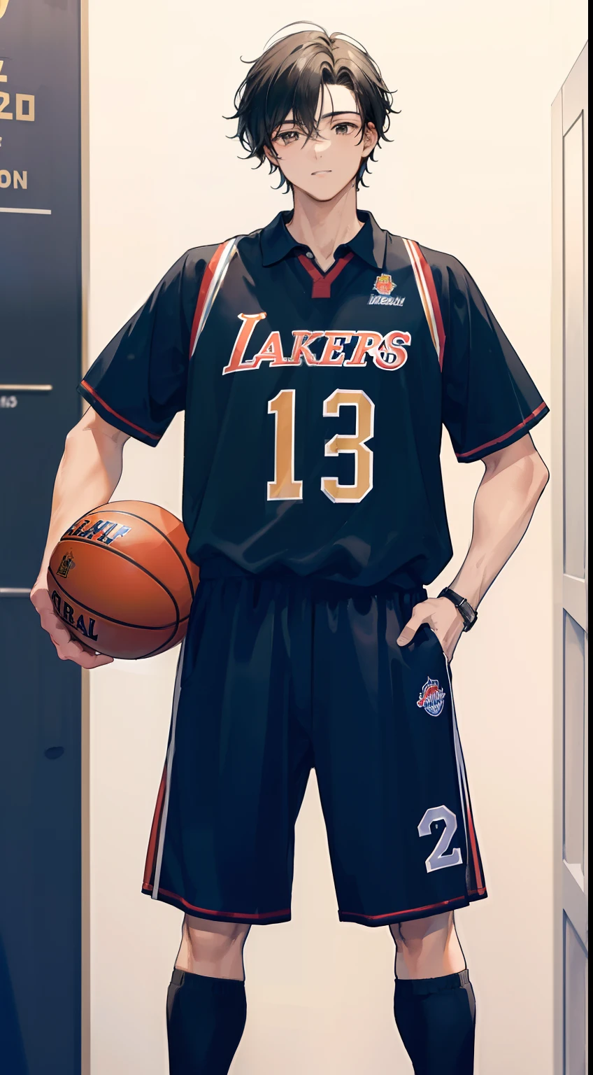 ((masterpiece, best quality, more detail)), ((1man)), a man 22 years old with messy, black hair wearing a sports uniform is standing at the basketball hall with holding ball