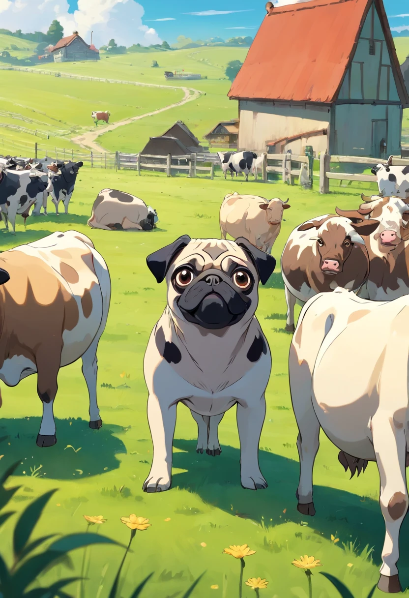 A black and white pug that looks like a cow stands in front of a bunch of cows, low angle, wide angle, grassland background