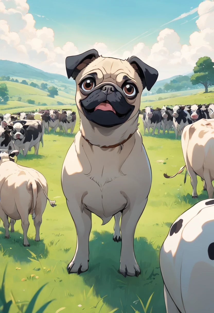 A black and white pug that looks like a cow stands in front of a bunch of cows, low angle, wide angle, grassland background