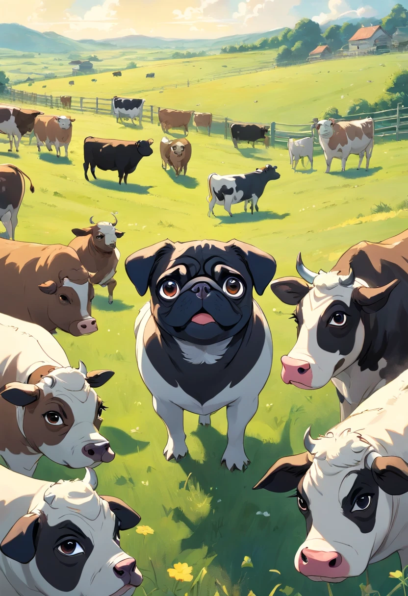 A black and white pug that looks like a cow stands in front of a bunch of cows, low angle, wide angle, grassland background