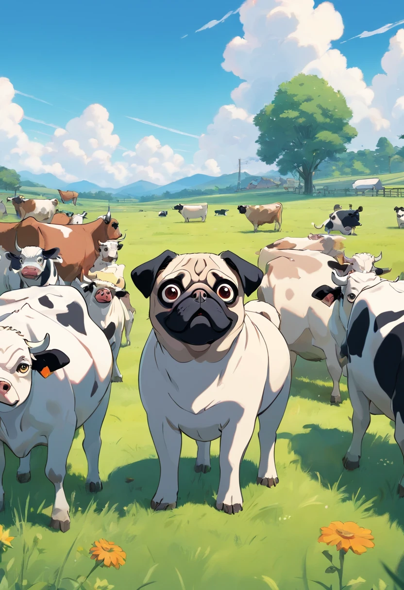 A black and white pug that looks like a cow stands in front of a bunch of cows, low angle, wide angle, grassland background