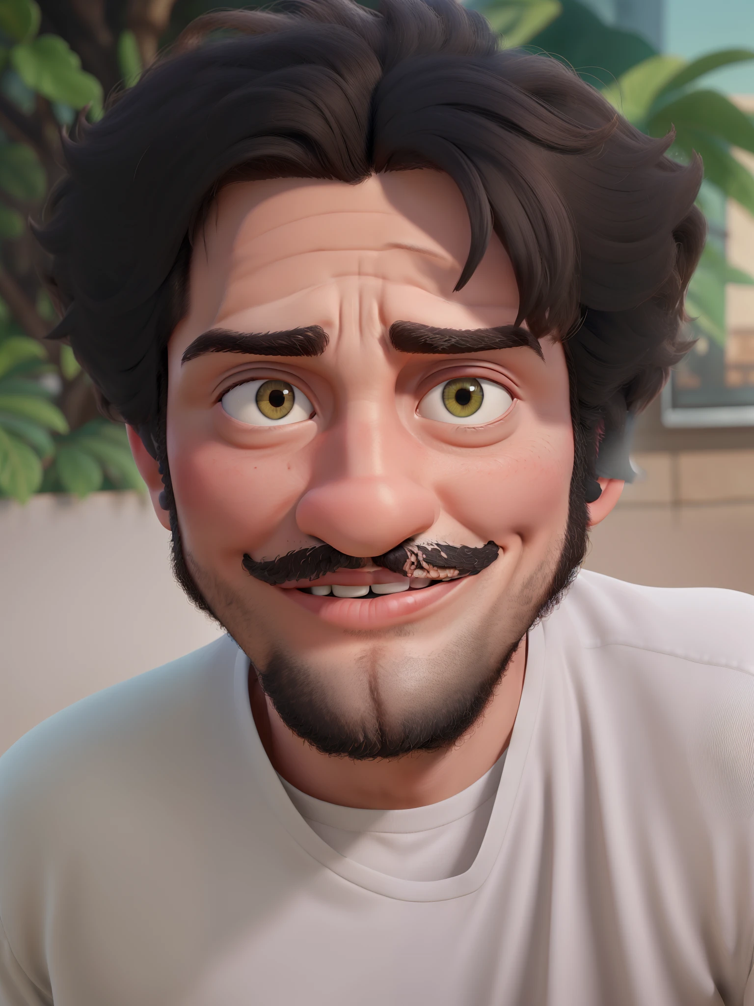 (melhor qualidade, alta resolução, ultradetalhado, realista: 1,37, studio illumination), pintura, oil-painting, retrato, foco em sujeito masculino, retro background, camiseta laranja, cabelo espetado como Wolverine, pele clara, barbicha, bigode ralo, leve sorriso para a esquerda, looking-into-camera