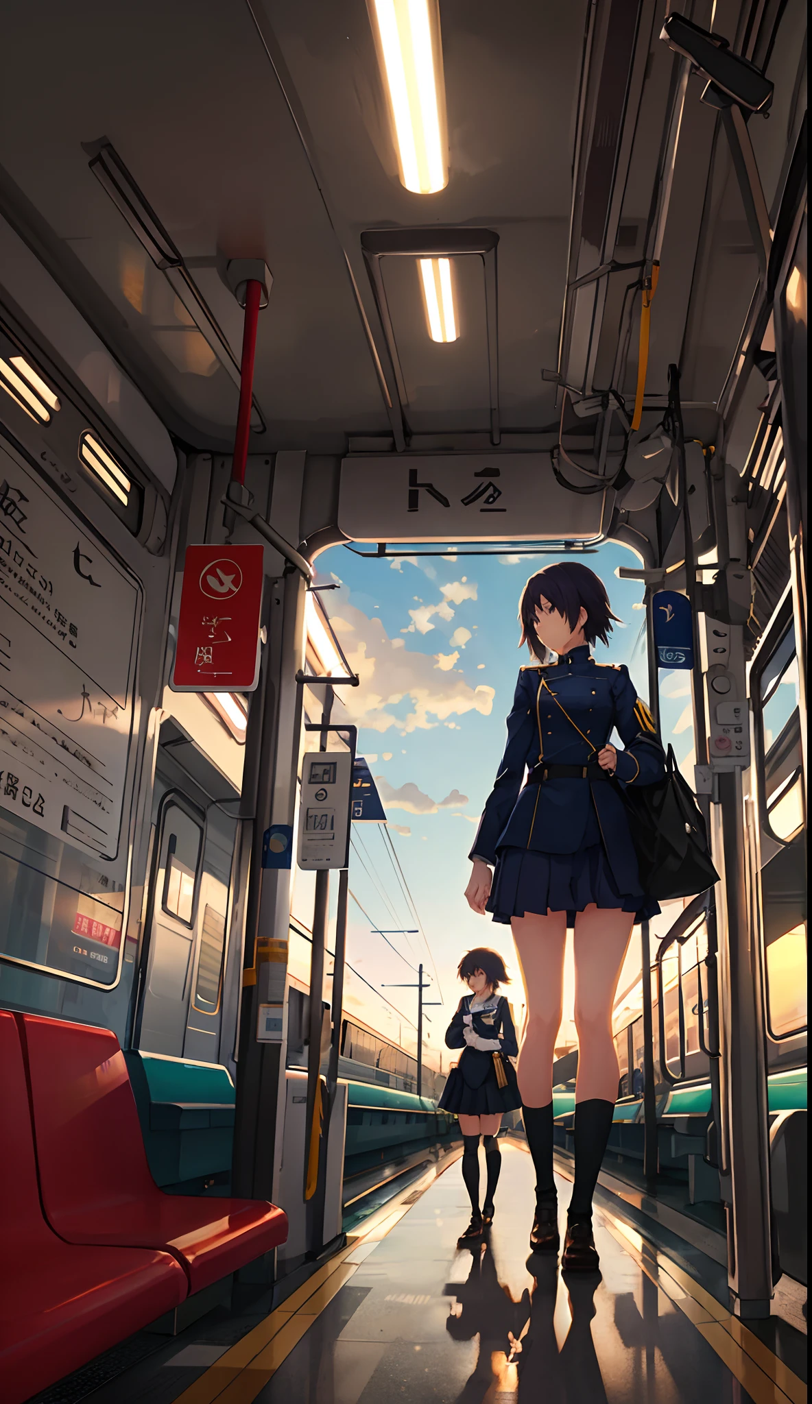 Amazing image quality evening glow Akane Kong clouds Floating in the sky train train track station home Girl in Uniform Being at the station Warm Makoto Shinkai