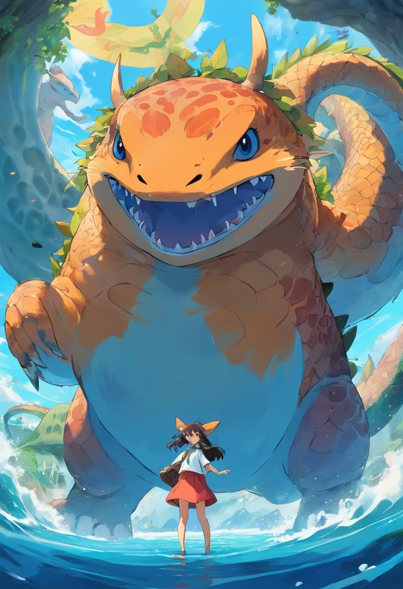 A beautiful fusion monster,mole head,The limbs are lizard,Carrying a turtle shell,anthropomorphic badgermole,warriors,Fantastical colors,Natural,Take the Sea King Trident,Stand on the sea with your waist crossed
