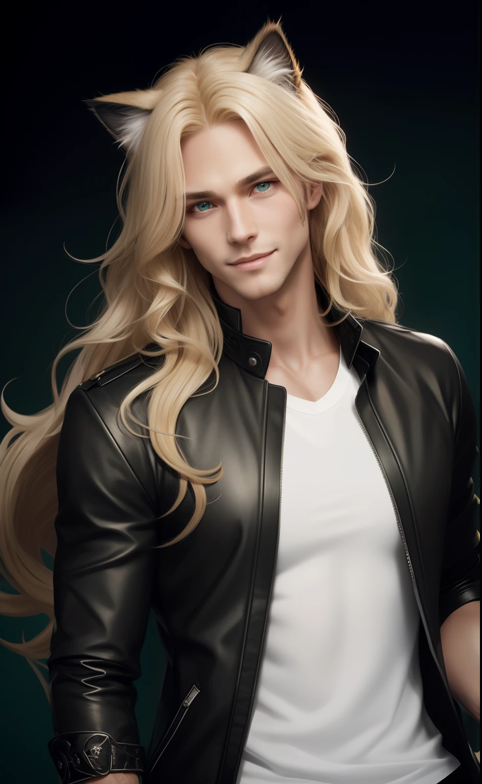 Black jacket, one male, cat ears, long hair, blond, blond hair, green eyes, tall, muscular, white shirt, beautiful face, highest quality, masterpiece, 2d, anime, perfect face, highest detail, feline eyes, stubble, cat tail, wavy hair, cowboy shot, detailed face, intricate details, smile,