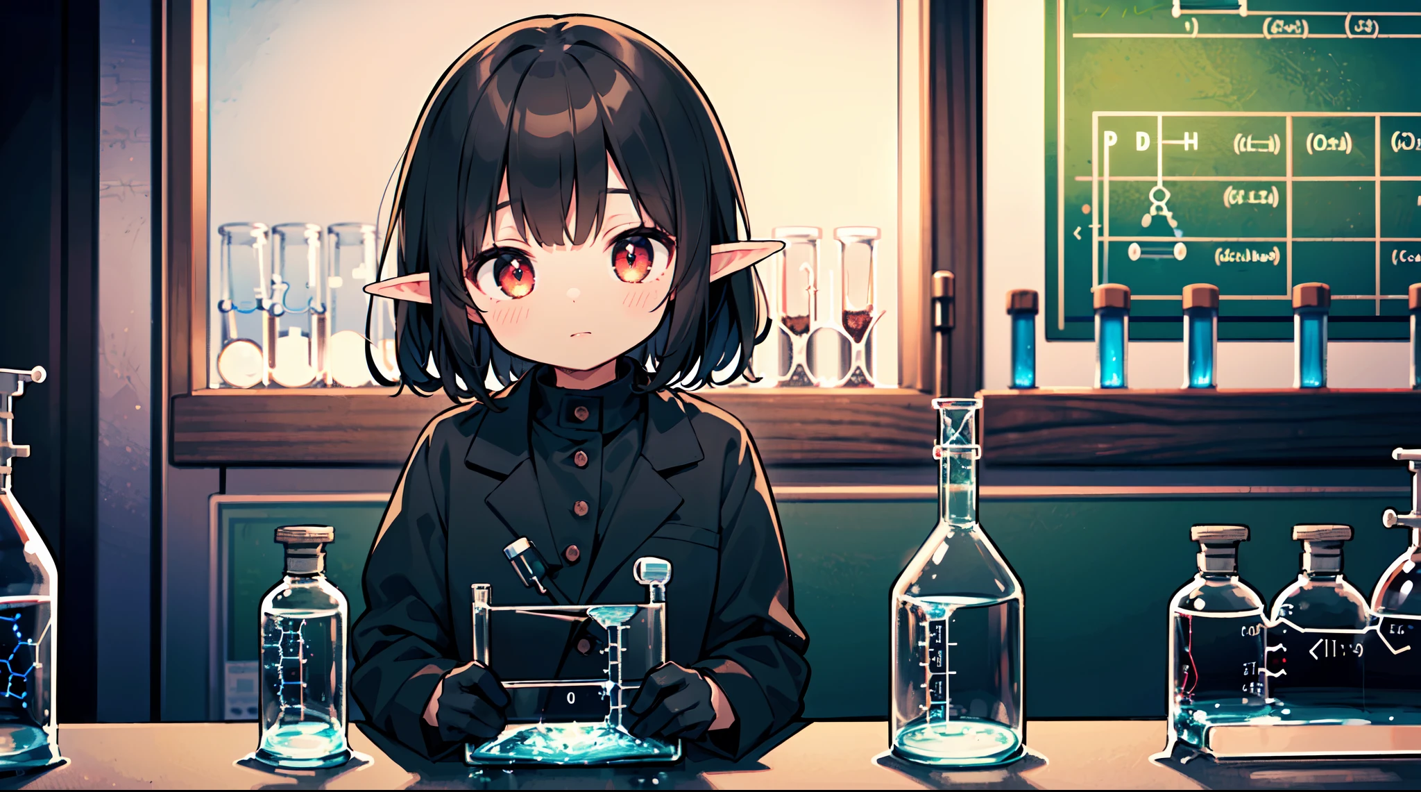 high res, (masterpiece:1.6), (((dark atmosphere))), dark lighting, (best quality:1.4), best illustration, best shadow, depth of field, detailed eyes, sharp pupils, best dark, beautiful, detailed face, 1girl, (Scientist:1.9), (****), atheist, droopy long black hair, dark hair, dress pants, 8k, high definition, (black gloves), crimson eyes, large trench coat, elf ears, (black  coat:1.3), dark coat, black coat, Petite stature, short height,  ((chemist)), (dark and large chemistry lab:1.5), science lab, (biologist), (mad scientist), chemistry vats in background, chemistry flask