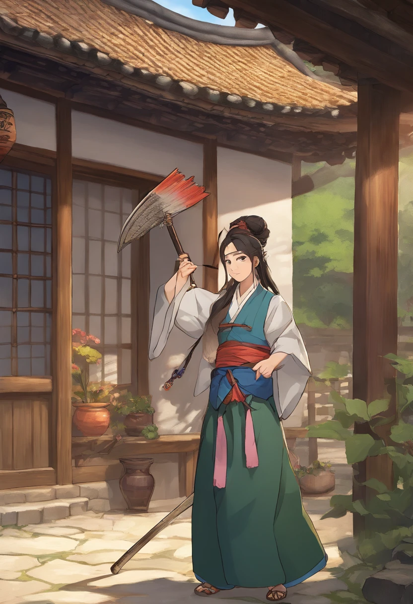 Outside the round window, there is a backdrop of the Joseon Dynasty with thatched houses and hanoks, And inside the window is a family house in an apartment in the city. Long-haired woman holding sword and looking at window. With a solemn appearance.