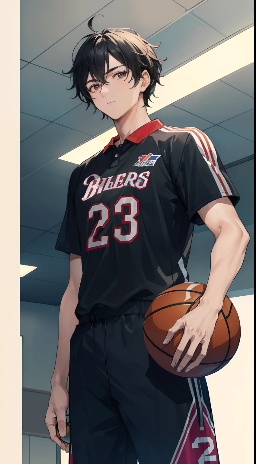 ((masterpiece, best quality, more detail)), ((1man)), a man 22 years old with messy, black hair wearing a sports uniform is standing at the basketball hall with holding ball
