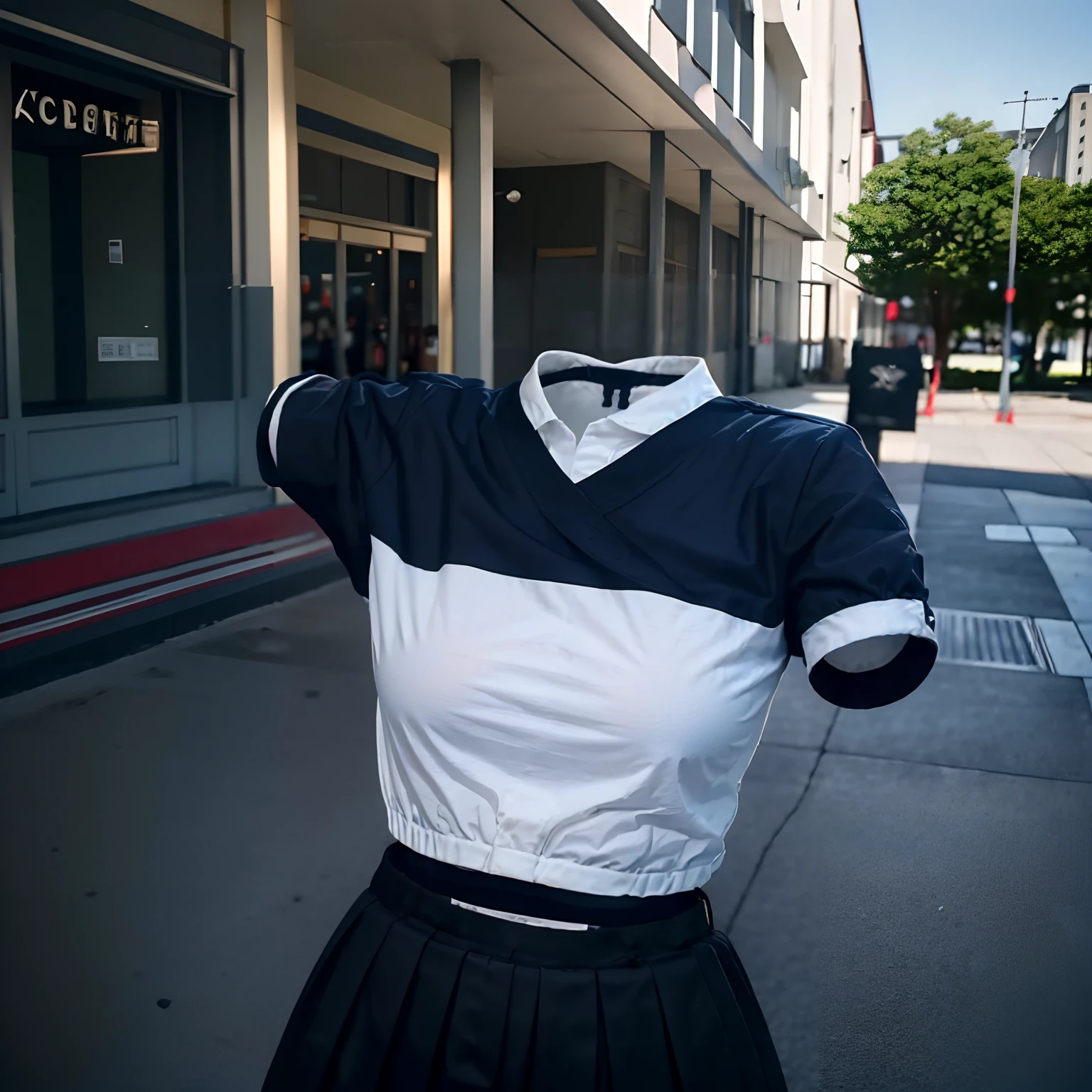 (dark blue sailor suit), dark blue collar, white shirts, short sleeve, school, dark blue skirt, black skirt, (invisible, no humans:1.7, headless:1.7, handless, faceless:1.7), (cute big breasts:1.4), (close-up shot of breasts),
(8k, RAW photo, best quality, masterpiece:1.2), (realistic, photo-realistic:1.37), photon mapping, radiosity, ((Hasselblad photography)), physically-based rendering,