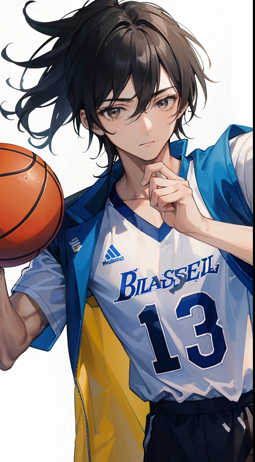 ((masterpiece, best quality, more detail)), ((1man)), a man 22 years old with messy, black hair wearing a sports uniform is standing at the basketball hall with holding ball, number 13