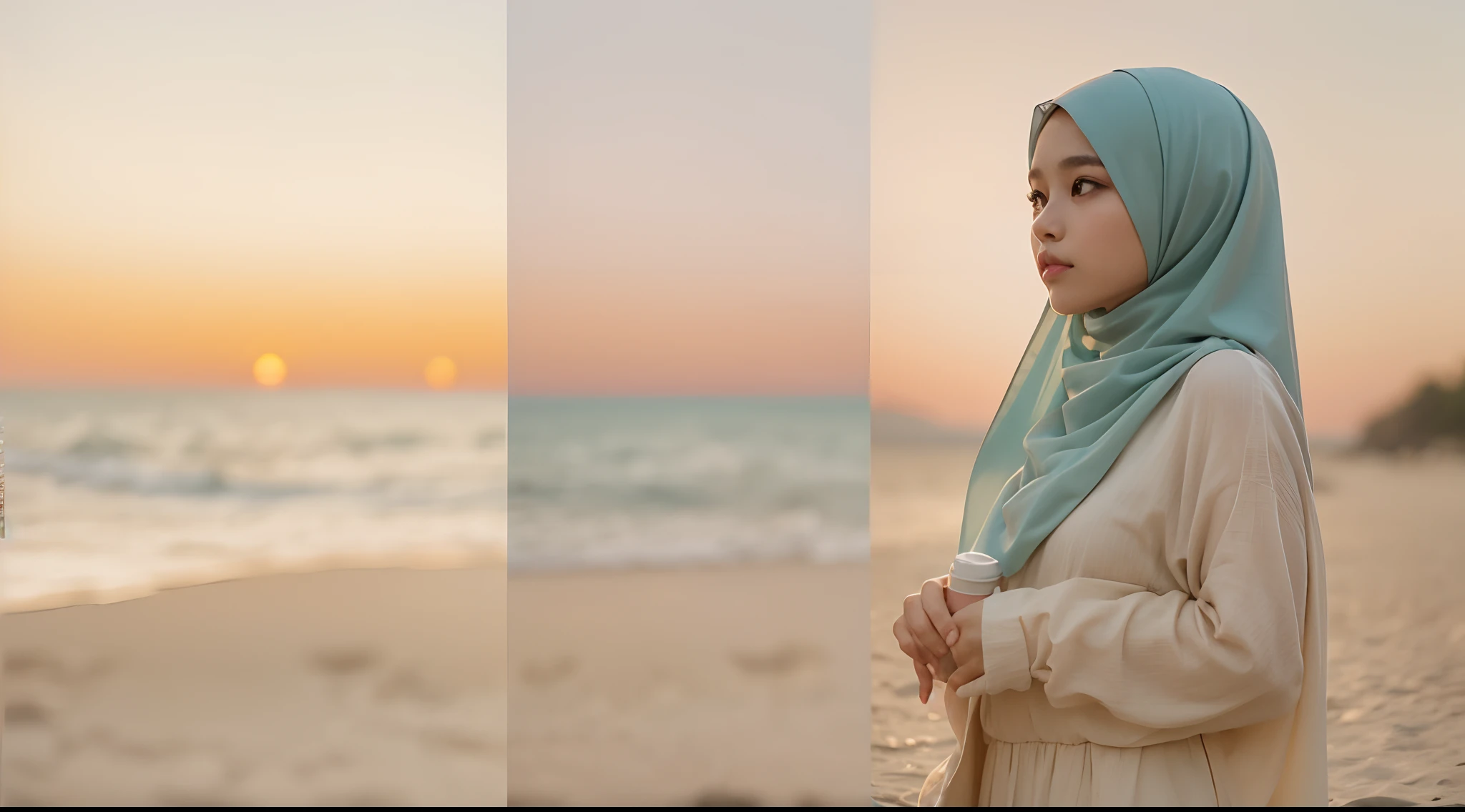 Create a cinematic film still of a Malay girl in hijab standing on a picturesque beach during sunset. Use a warm color palette and a medium telephoto lens to capture the serene beauty of the moment, style raw, pastel color grading, Super 8mm lense, Extreme close-up, Deep Focus cinematography effect,high quality,