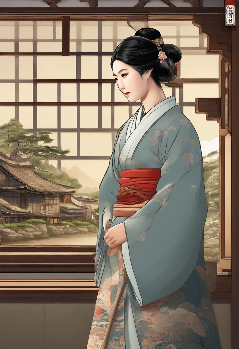 Outside the round window, there is a backdrop of the Joseon Dynasty with thatched houses and hanoks, And inside the window is a family house in an apartment in the city. Long-haired woman holding sword and looking at window. With a solemn appearance.