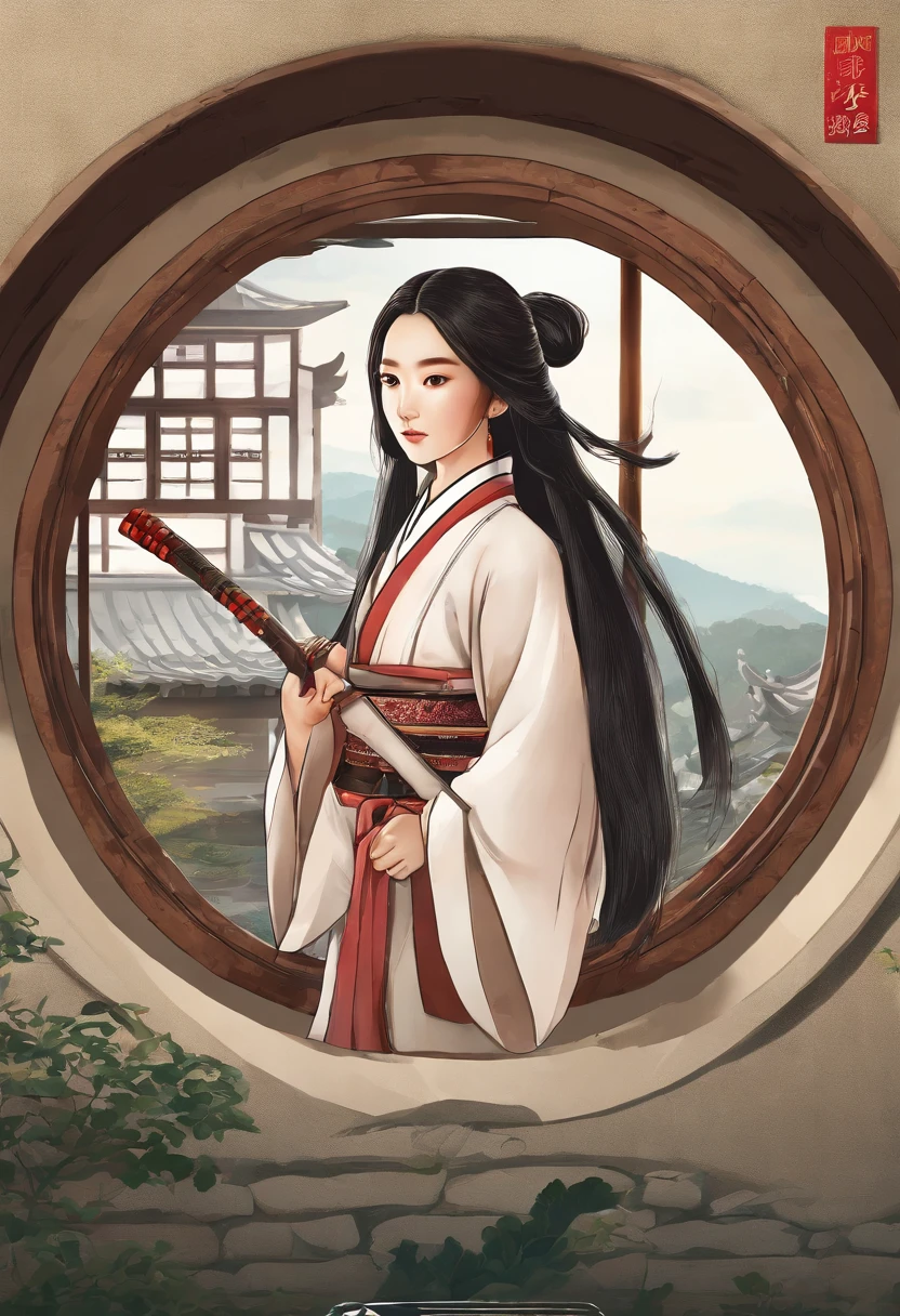 Outside the round window, there is a backdrop of the Joseon Dynasty with thatched houses and hanoks, And inside the window is a family house in an apartment in the city. Long-haired woman holding sword and looking at window. With a solemn appearance.