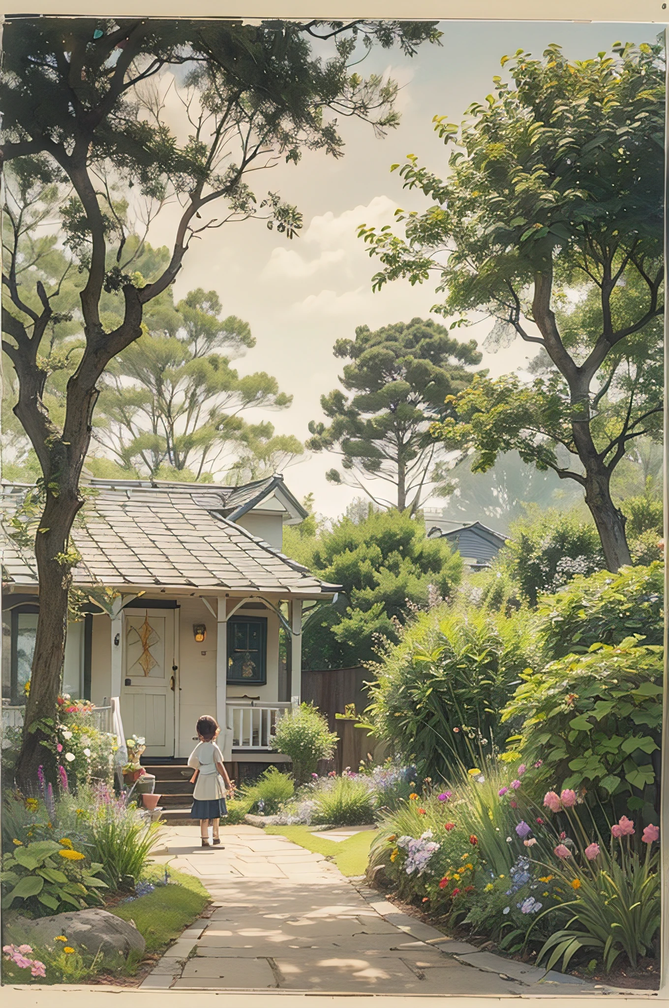 A serene image capturing a little girl with her hands in her pockets, waiting for her mother to come home. The warm, golden sunlight filters through the leaves overhead, casting dappled hues on the child and illuminating the scene. The background features a flowing, brightly colored dappled atmosphere, with golden flowers and ferns framing the silhouette of a house with soft, golden lights. soft focus, telephoto lens, warm color palette