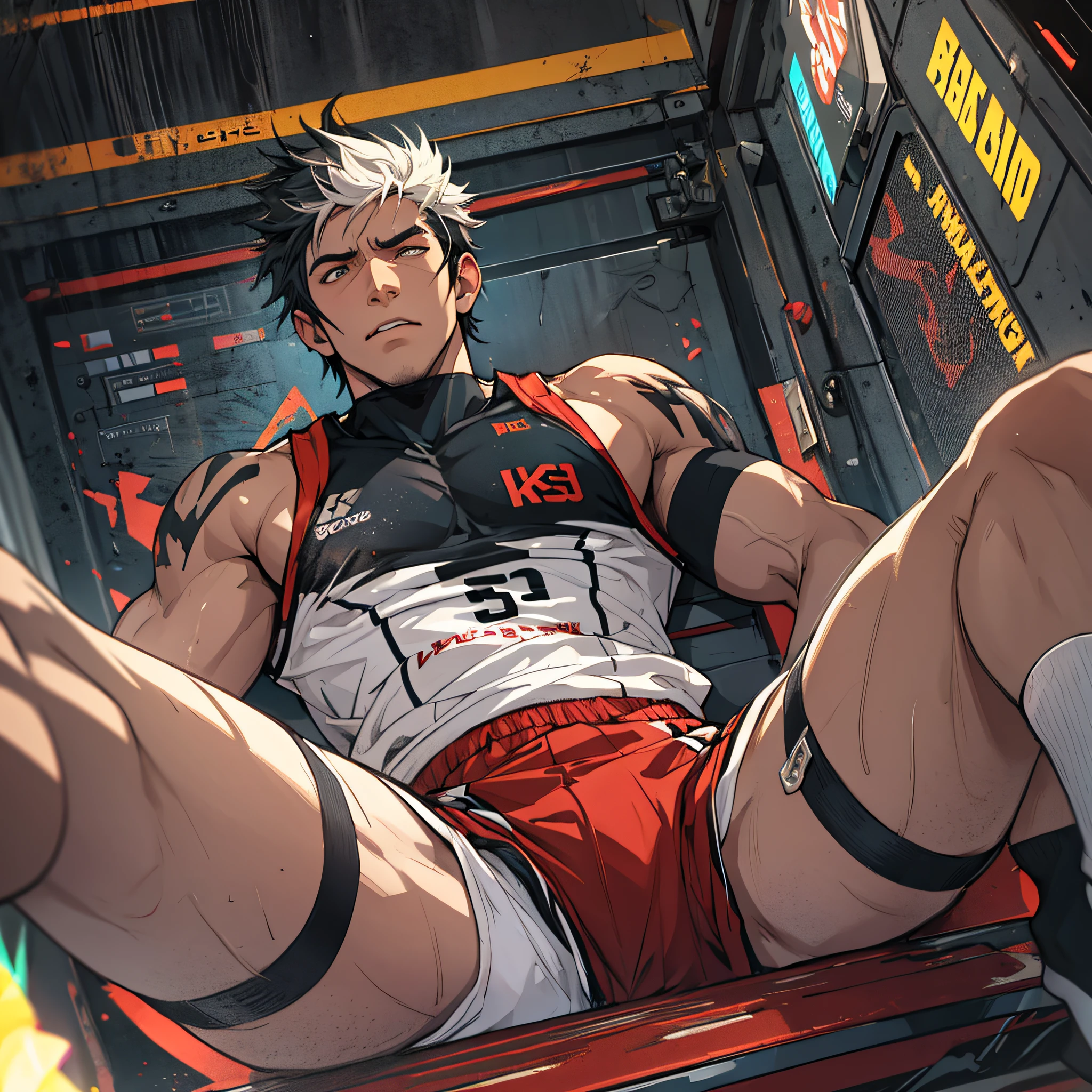 Libido boy,Tong,large pecs,Big bag,Wear white basketball socks,Half recumbent,CG sense,POV perspective,spread their legs,Dark atmosphere,8K,Cinematic lighting effects,Textured skin,best qualtiy,Storytelling images,Storytelling images,dynamic blur,actionpose,Elevation viewing angle